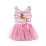 Lindo Vestido de Princesa Listrado - Estampa Unicórnio